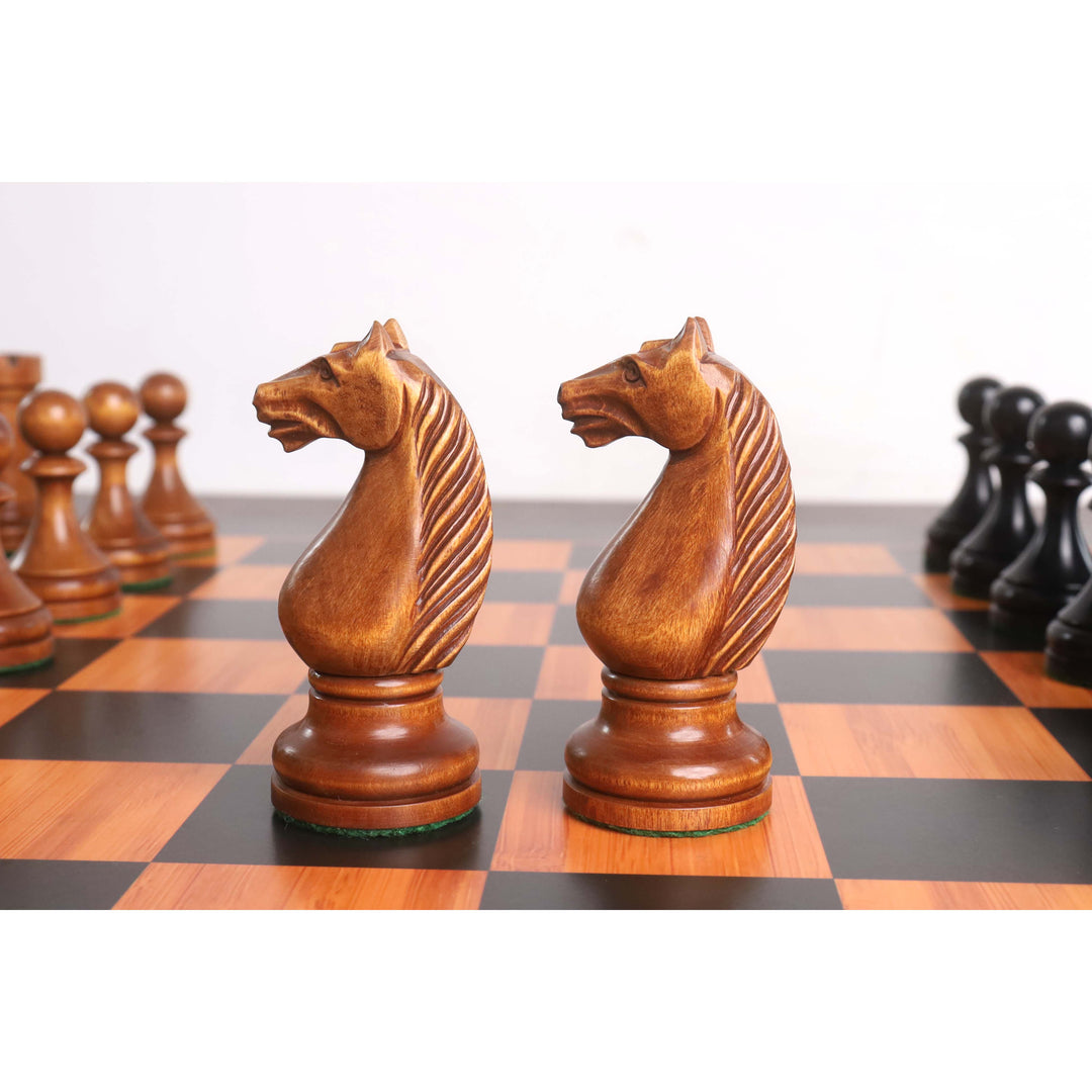 Ligeramente imperfecto 1935 Botvinnik Flohr-II Soviética Piezas de ajedrez Sólo Set - Madera de boj envejecida y ebonizada - 4.4" Rey