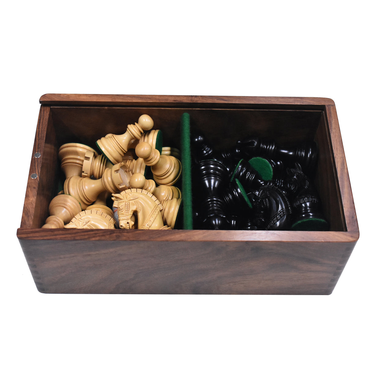 Golden rosewood chess storage box filled with wooden chessmen in divided compartments.