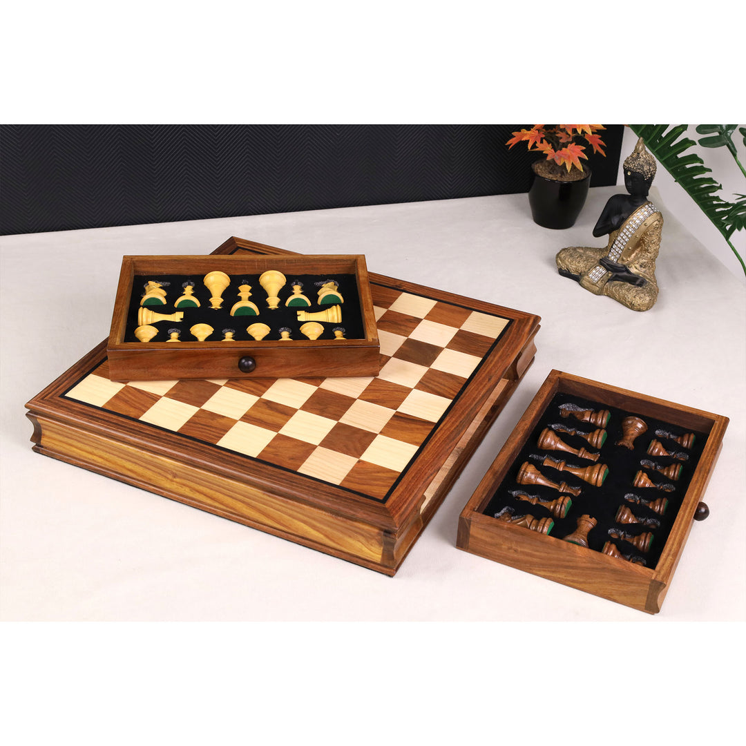 Open golden rosewood travel chess set with velvet storage drawers revealing stored pieces.