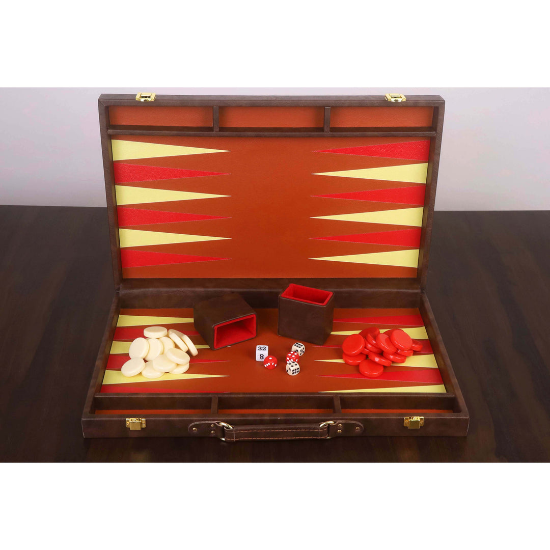 18" Textured Chocolate Brown Leatherette Backgammon Board Game Set - Luxury Travel Case