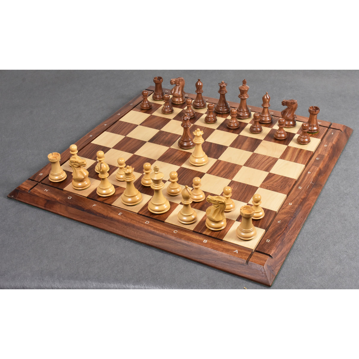 Complete 3.6" Golden Rosewood Staunton chess set setup on the wooden board.