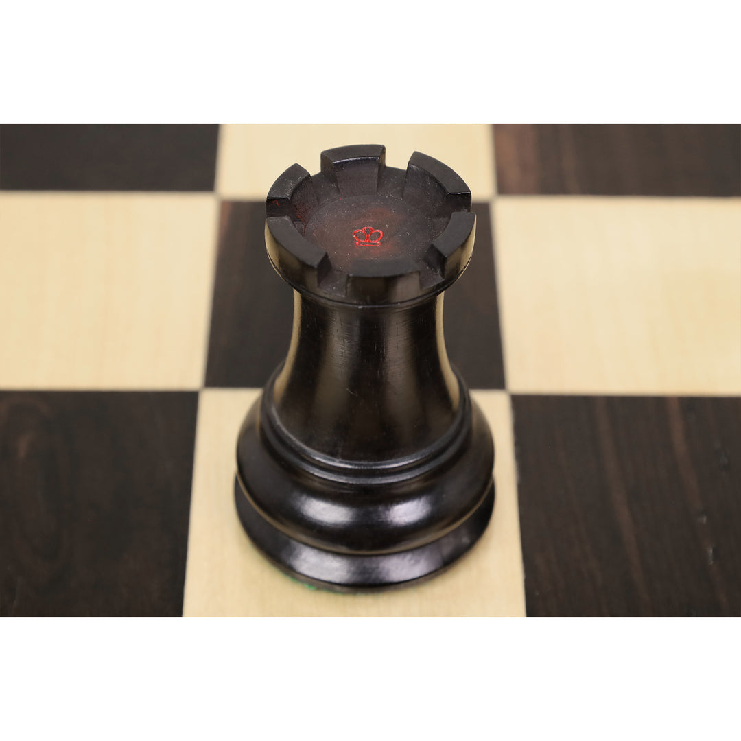 Detailed top view of ebony wood 1849 Jacques Cook Staunton rook chess piece