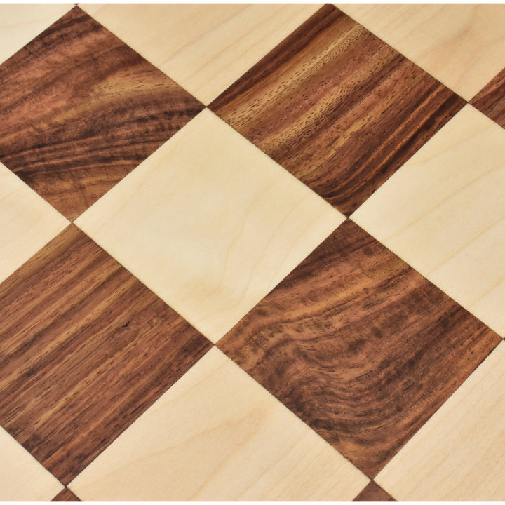 Overhead close-up focusing on the seamless inlay of maple and rosewood squares.