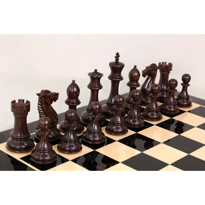 Dark rosewood chess pieces neatly aligned on the printed wooden board.
