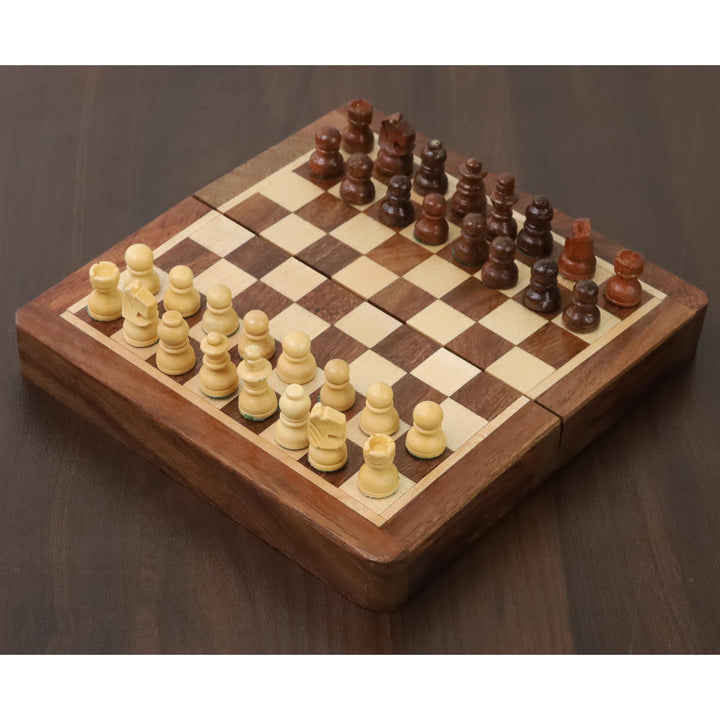 Slightly Imperfect Golden Rosewood Wooden Inlaid Magnetic Chess set 5" with Folding Board - Warehouse Clearance - USA Shipping Only