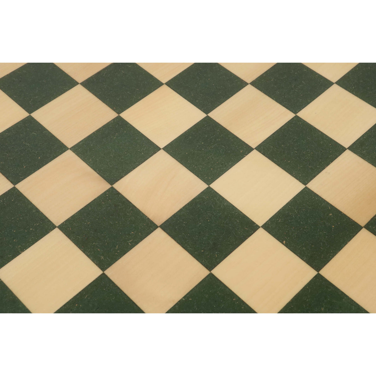 Macro view of the green and maple wood grain squares on a 21 inch HDMR chess board.