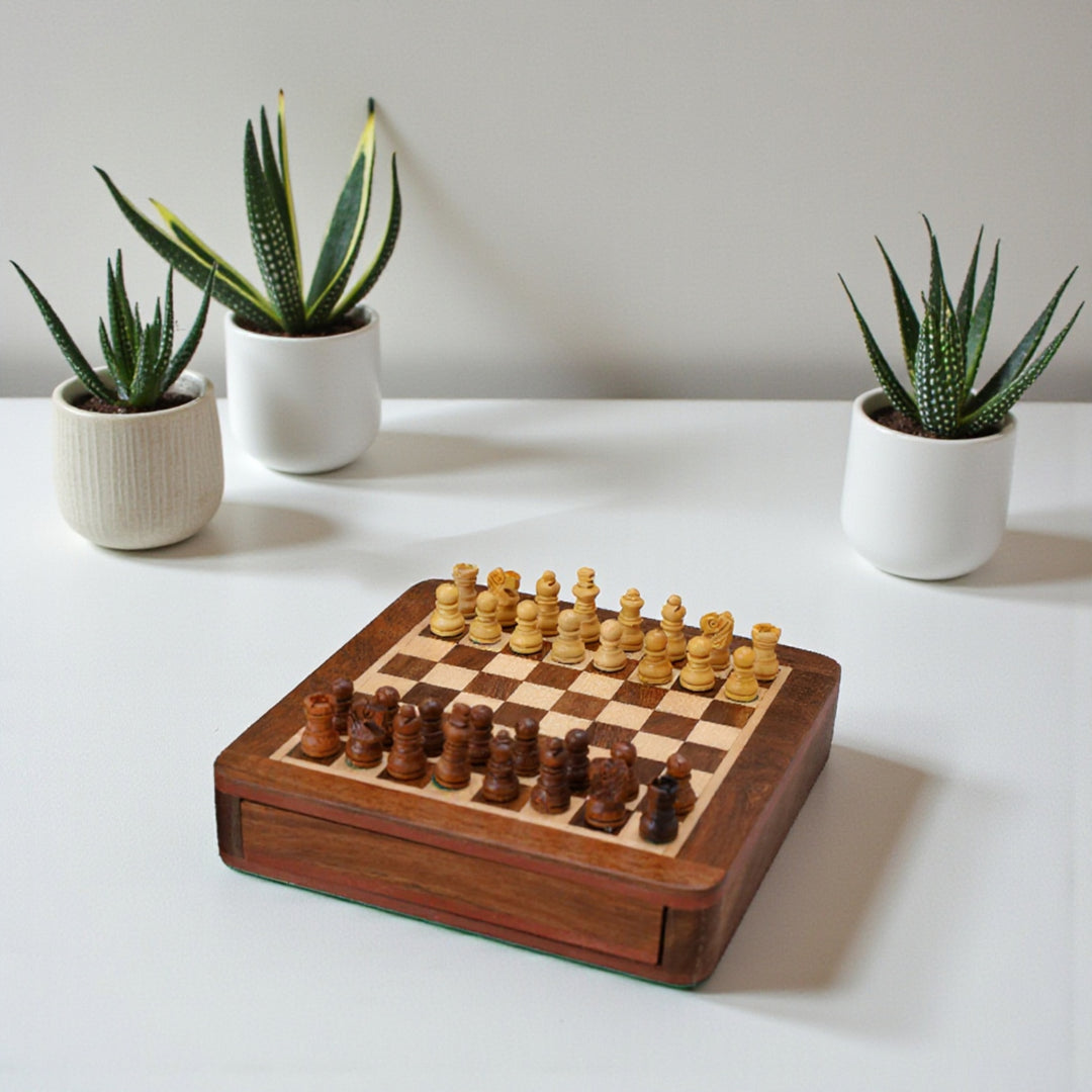 Magnetic Travel Chess set with Drawer 5" Golden Rosewood