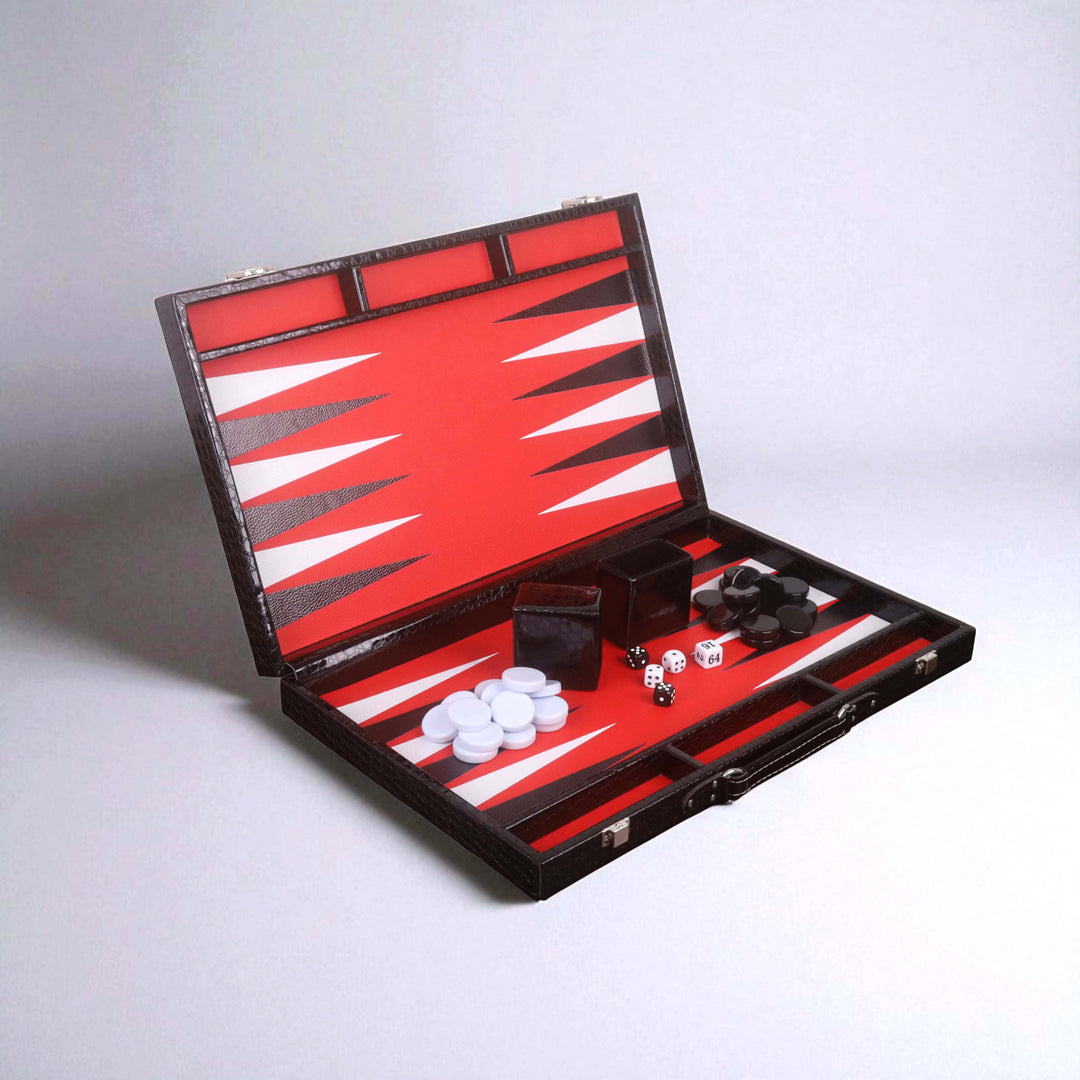 Juego de backgammon de cuero sintético negro de 18 pulgadas: juego de mesa de viaje tipo maletín con superficie de juego roja y blanca.