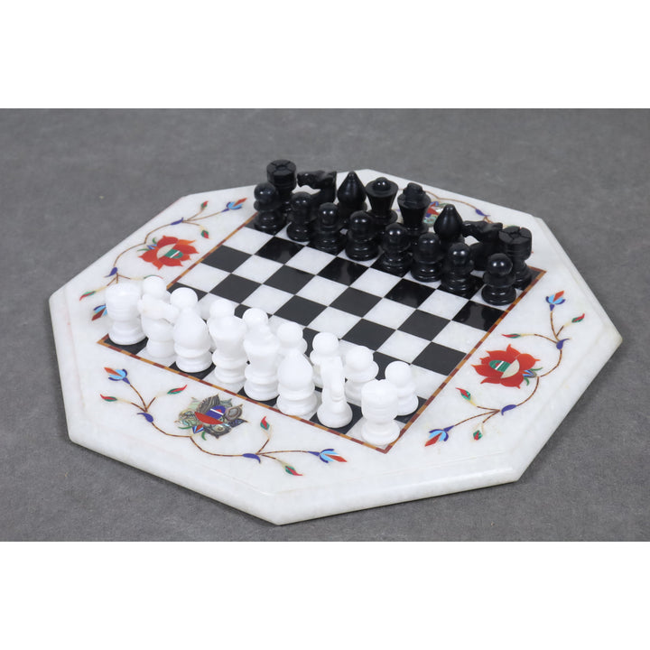 Marble Stone Chess Pieces & Board Set - Inlay Handcrafted Work - 12" board