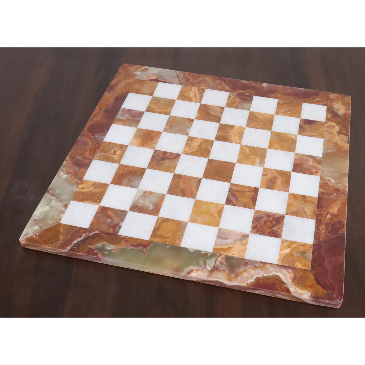 Empty 15-inch handcrafted brown onyx and white stone chessboard featuring a wide, polished marble border.