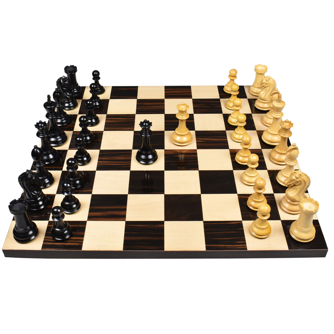 3.9" Craftsman Series Staunton chess set arranged on a premium board.