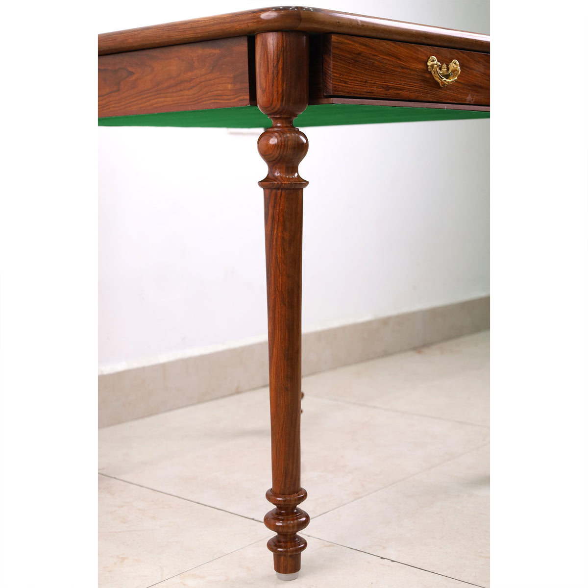 Side profile of the 22" wooden chess table showing the drawer assembly, brass hardware, and elegant leg design.