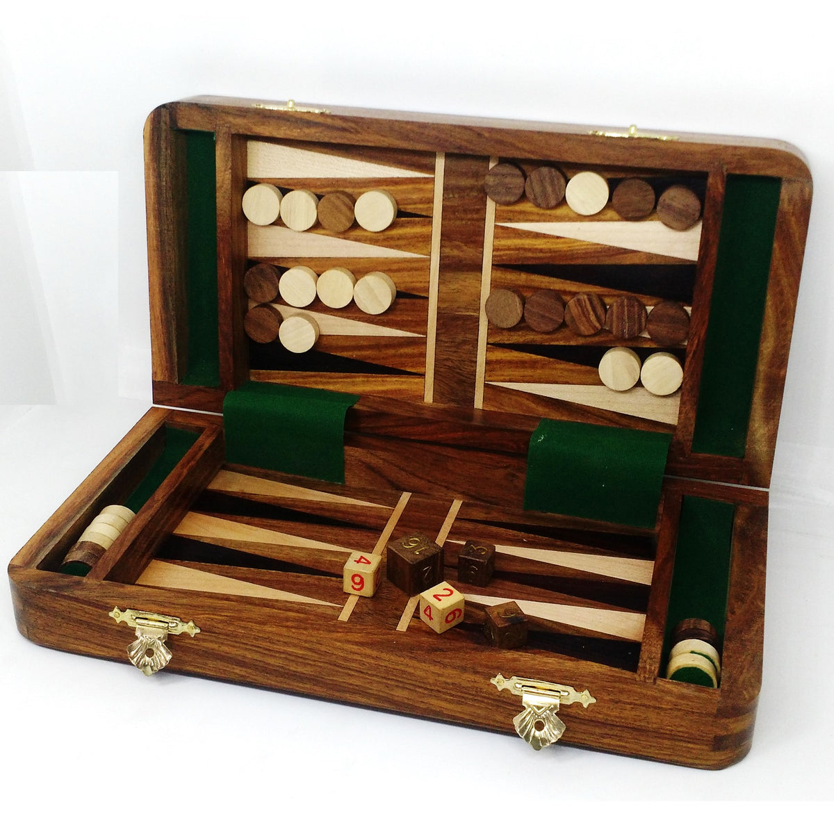 Luxury travel backgammon set in golden rosewood with green felt lining and wooden checkers.