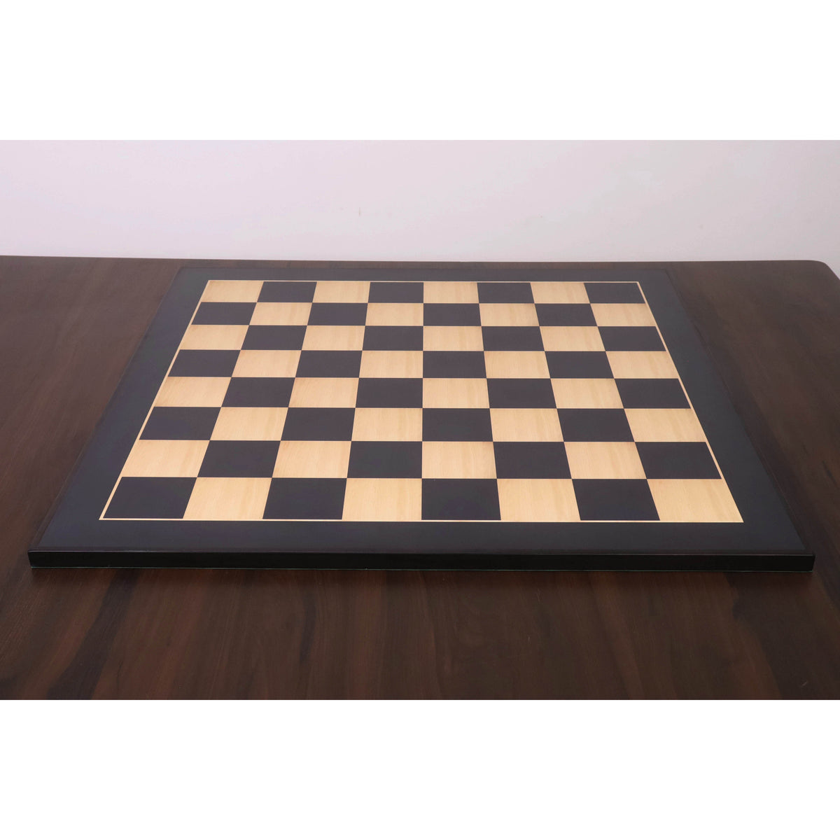 Full view of a Royal Chess Mall 26 inch ebony and maple wood printed chess board with gloss finish.