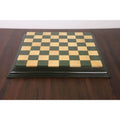 Symmetrical front view of a 21 inch handcrafted green and maple board with decorative edges.