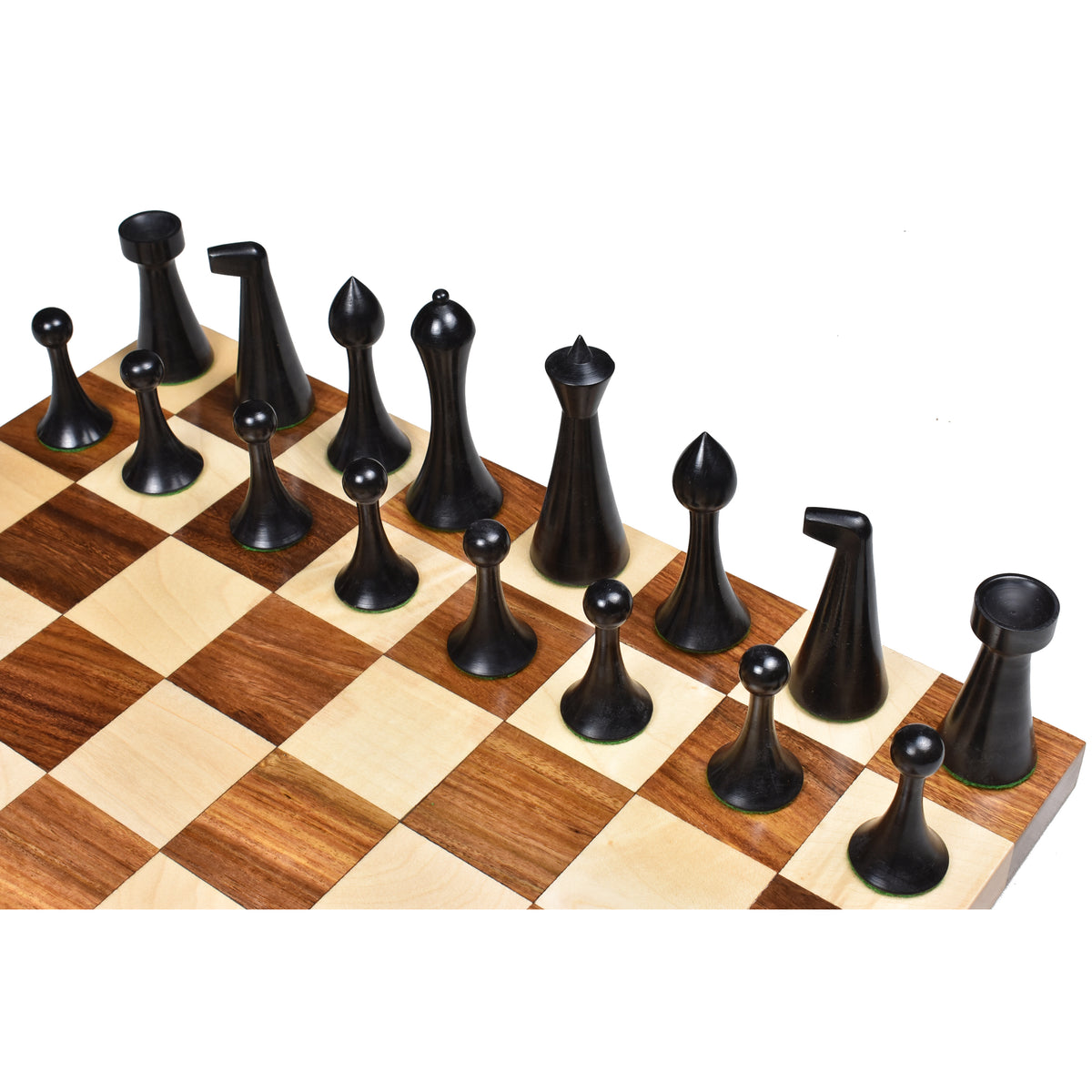 Elevated view focusing on the ebonized boxwood Herman Ohme chess pieces on a chessboard.
