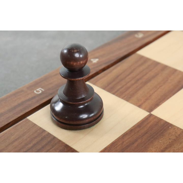 Close-up of a mahogany stained Fischer Dubrovnik wooden pawn chess piece on a board.