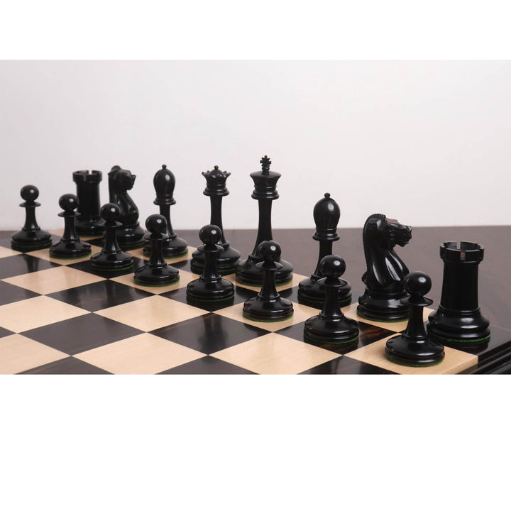 19th century B & Co Reproduced Luxury Chess Set- Chess Pieces Only- Ebony Wood & Antiqued Boxwood– 4.2″ King