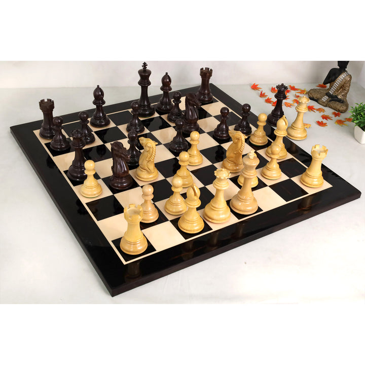 Full game setup of the 6.1" mammoth luxury chess set on an ebony and maple board.