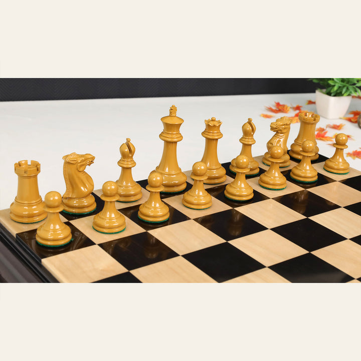 Boxwood 1849 Jacques Cook Staunton chess pieces arranged on board