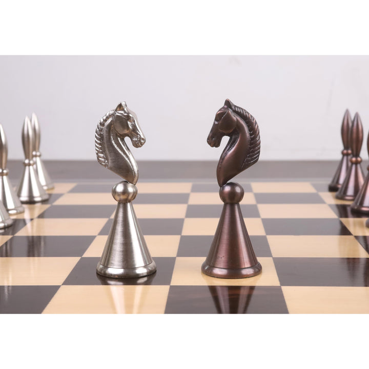 4.2" Juego de ajedrez de lujo de latón y metal de la serie Tribal - Sólo piezas - Plata metalizado y cobre envejecido