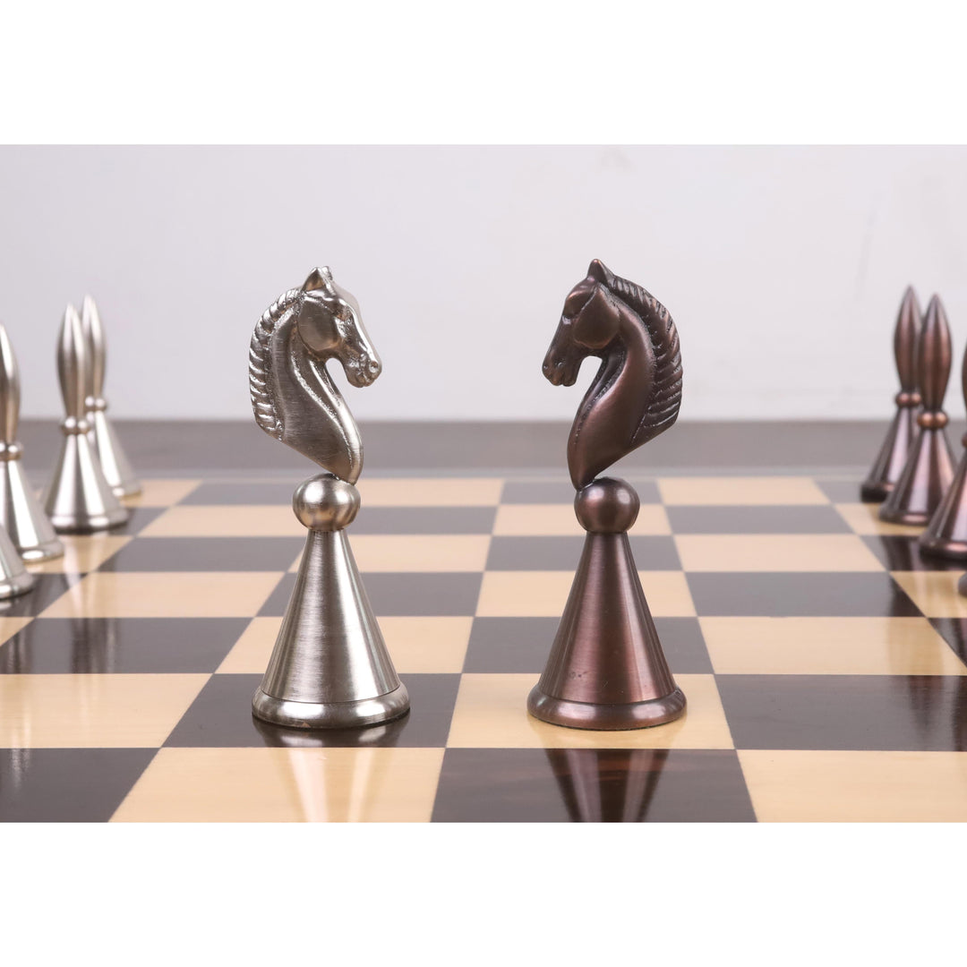 4,2-calowy luksusowy zestaw szachów z mosiądzu z serii Tribal - tylko elementy - metaliczne srebro i postarzana miedź
