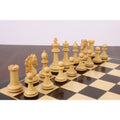 Light boxwood Heritage Series Staunton chess pieces arranged on the board during a game.