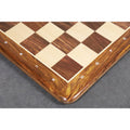 Detailed view of the H-file and 8-rank algebraic coordinates on a luxury handcrafted Rosewood chessboard.
