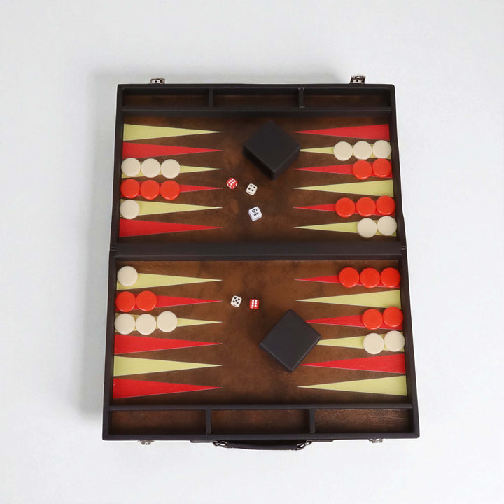18" Ebony Black Leatherette Backgammon Set – Luxury Briefcase Style Travel Board Game with Brown & Red Inlay