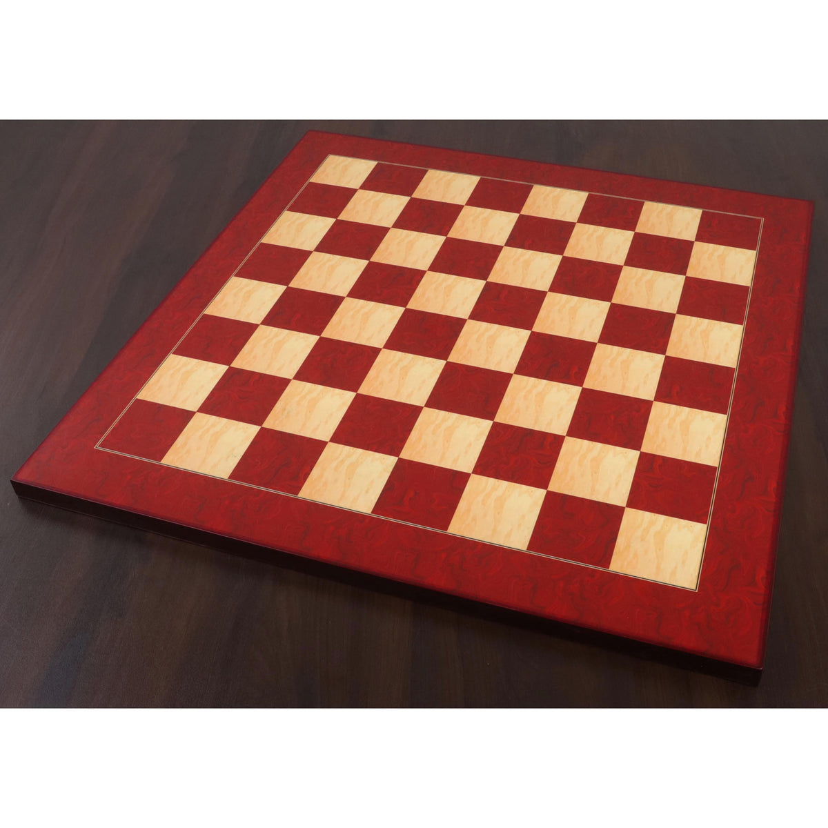 Angled perspective view of the 21-inch luxury Red Ash Burl printed chess board with a glossy professional finish.