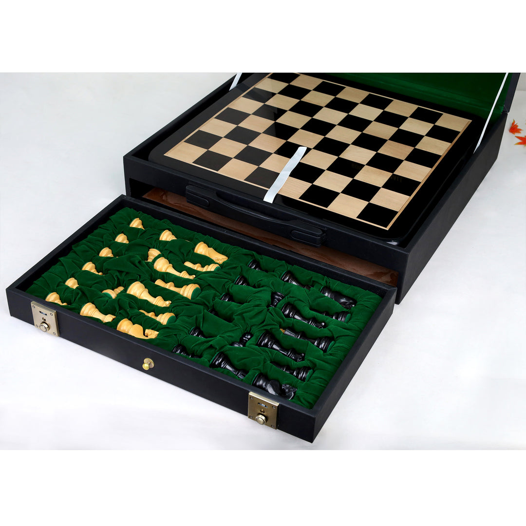3.1" Russian Zagreb Gift Chess Set Combo - Pieces in Ebonized Boxwood with 17" Ebony Board & Storage Case