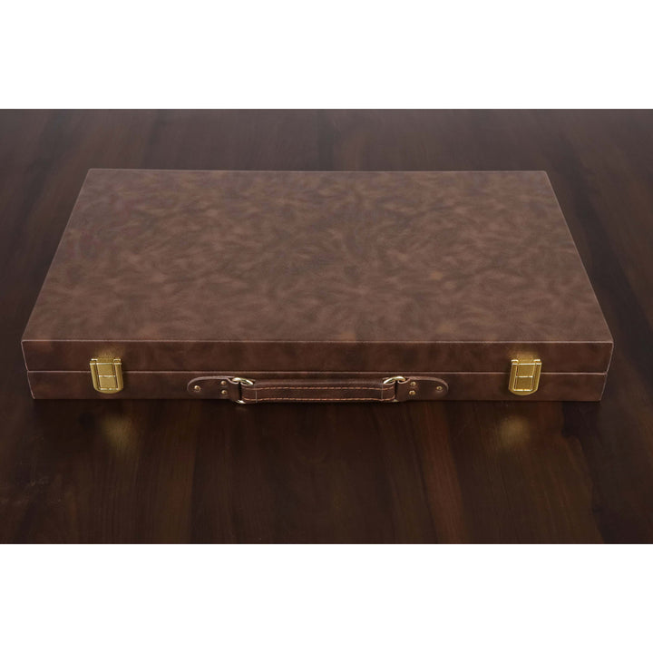 18" Textured Chocolate Brown Leatherette Backgammon Board Game Set - Luxury Travel Case