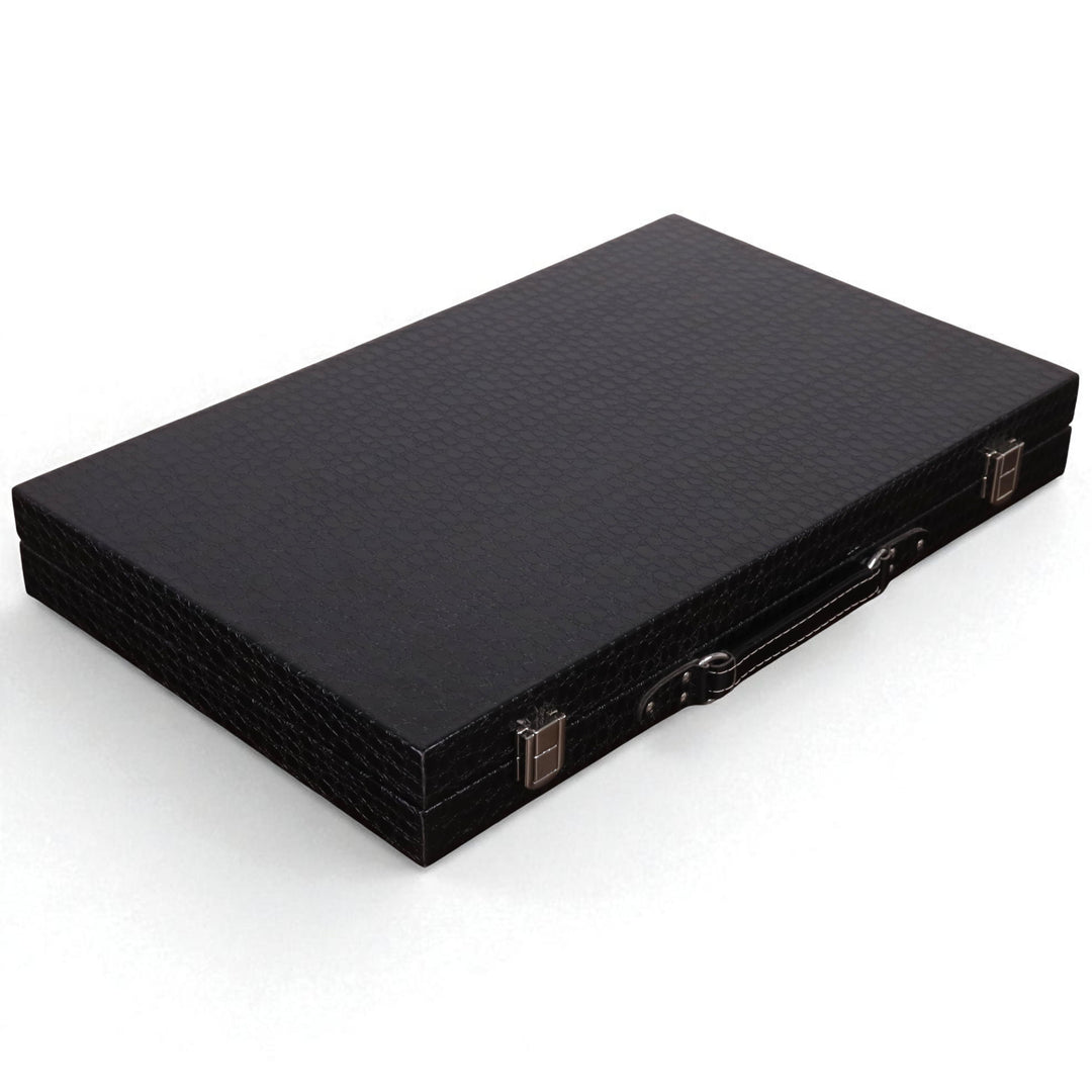 Juego de backgammon de cuero sintético negro de 18 pulgadas: juego de mesa de viaje tipo maletín con superficie de juego roja y blanca.