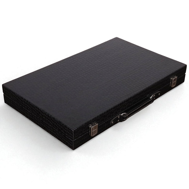 Juego de backgammon de cuero sintético negro de 18 pulgadas: juego de mesa de viaje tipo maletín con superficie de juego roja y blanca.