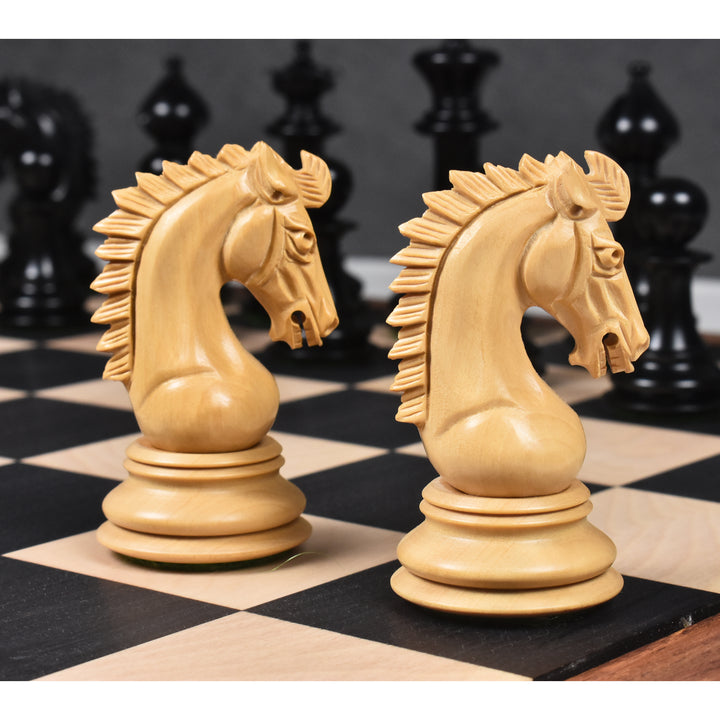 Pièces d'échecs Staunton en bois d'ébène 3.7" Emperor Series avec échiquier 21" en bois d'ébène et d'érable massif au choix du joueur - finition mate et boîte de rangement en similicuir