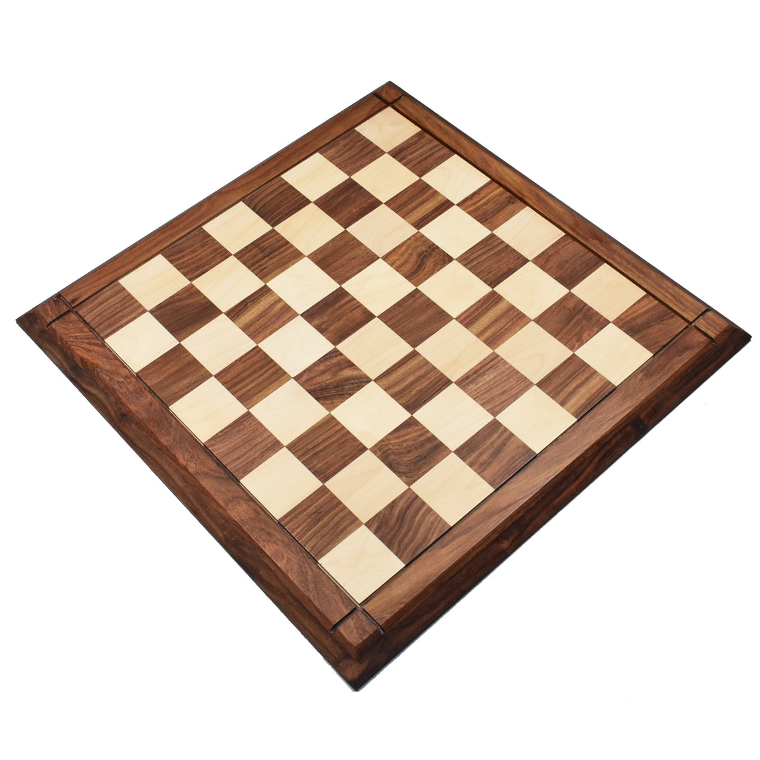 High-angle full shot of the 21 inch players choice solid wood chess board against a white background.