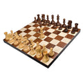 Full set of Dubrovnik chess pieces set up on a luxury wooden chessboard.