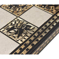 Detailed view of the engraved art squares on the 14-inch luxury chess board.