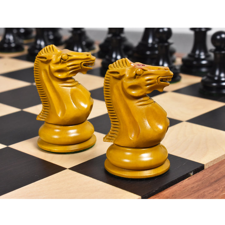 Hand-carved antiqued boxwood Staunton chess knight close-up view