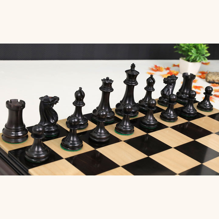 Ebony wood 1849 Jacques Cook Staunton chess pieces arranged on board