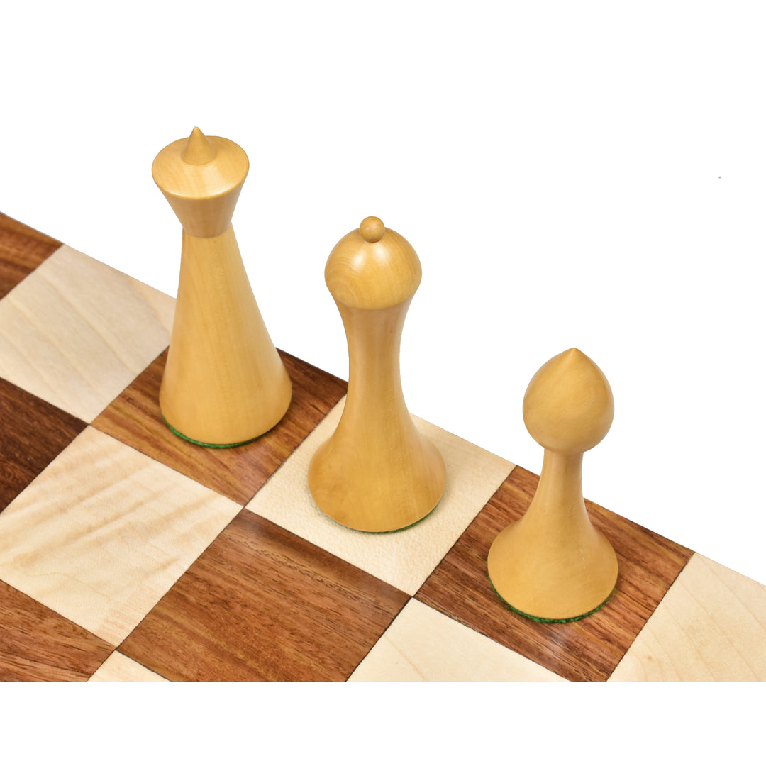 Glossy finished golden rosewood and maple chess board for minimalist chess pieces.