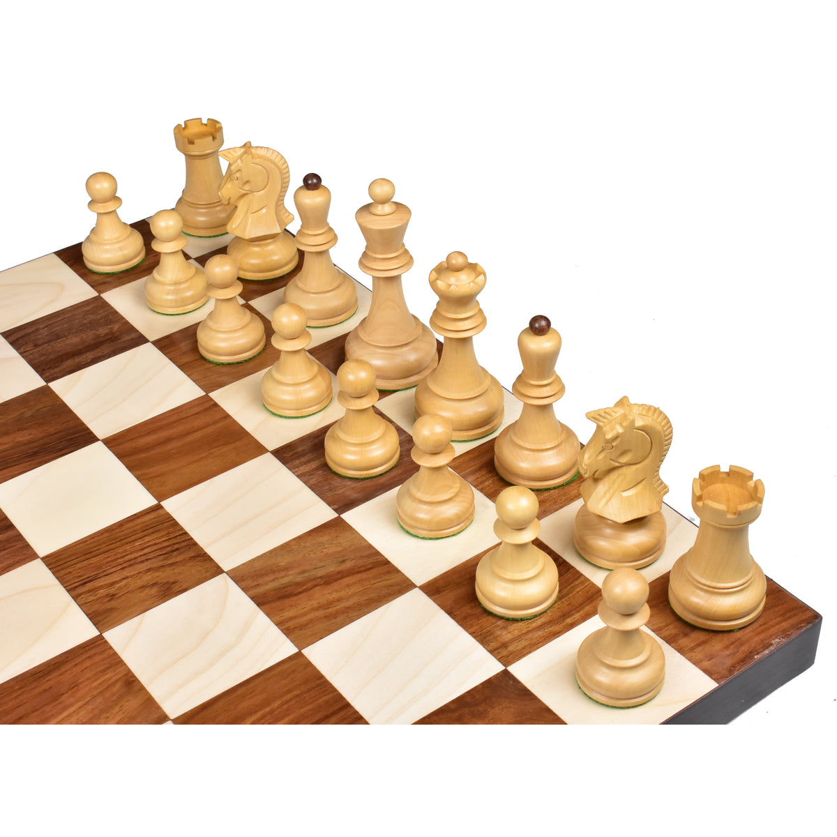 Boxwood Dubrovnik chess pieces arranged on the starting squares of a board.