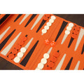 Detailed view of the backgammon board layout and dice during a game.