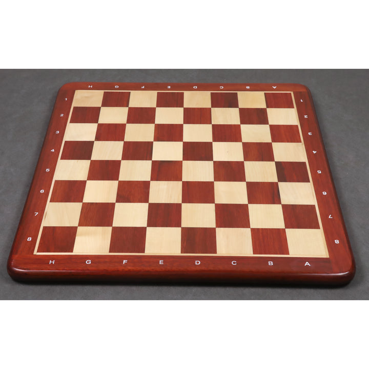 Full 19 inch bud rosewood and maple wood chess board with clear algebraic notations.