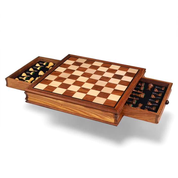 Studio view of the 15-inch golden rosewood magnetic travel chess set with extended drawers.