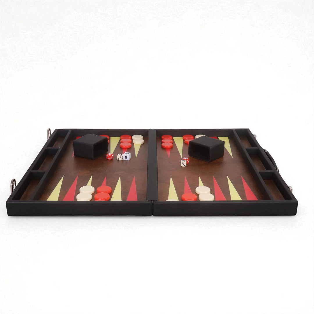 18" Ebony Black Leatherette Backgammon Set – Luxury Briefcase Style Travel Board Game with Brown & Red Inlay
