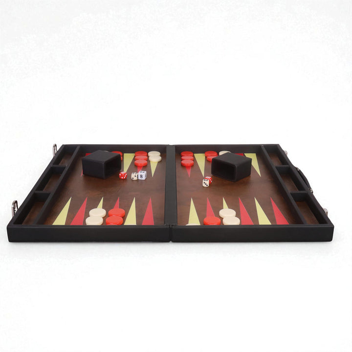 18" Ebony Black Leatherette Backgammon Set – Luxury Briefcase Style Travel Board Game with Brown & Red Inlay