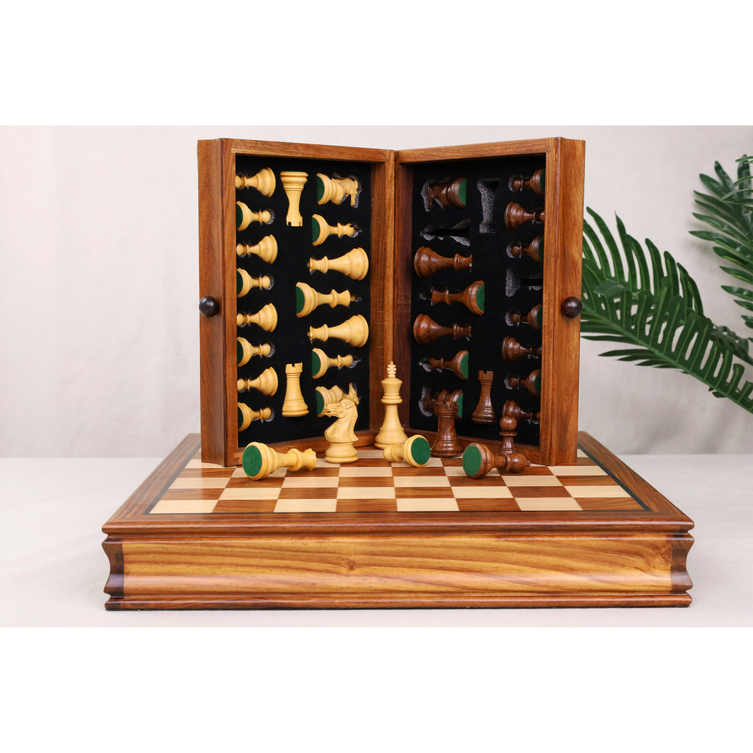 Unique vertical storage display of the magnetic travel chess set in golden rosewood.