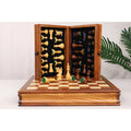 Unique vertical storage display of the magnetic travel chess set in golden rosewood.