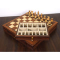Golden rosewood chess board with empty velvet-lined storage drawer, 20-inch size.